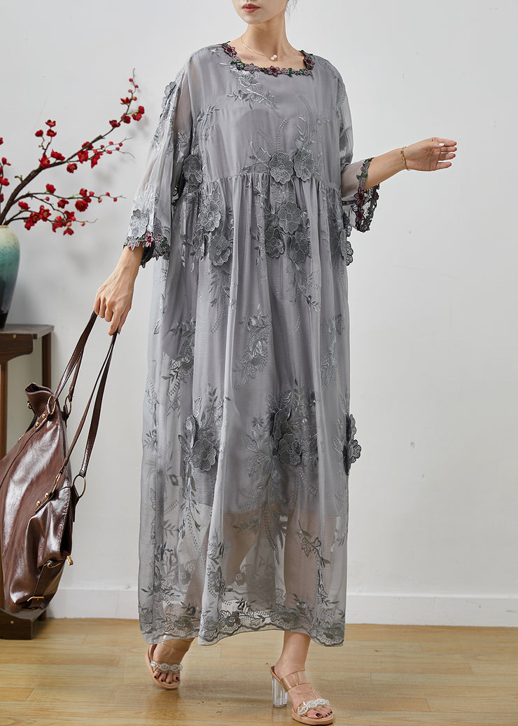 Bohemian Grey Embroidered Floral Silk Party Dress Spring