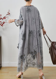 Bohemian Grey Embroidered Floral Silk Party Dress Fall