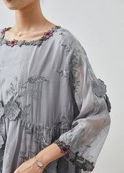 Bohemian Grey Embroidered Floral Silk Party Dress Fall