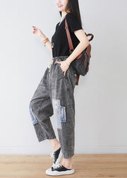 Bohemian Grey Embroidered Patchwork Applique Cotton Denim Pants Spring