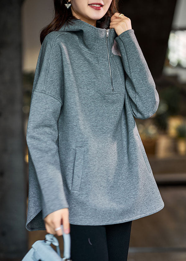 Bohemian Grey Hooded Zippered Cotton Sweatshirt Streetwear Fall