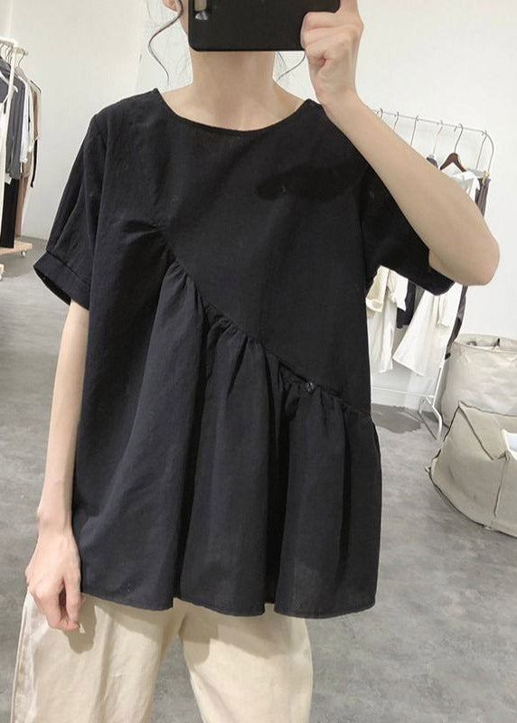 Bohemian Grey O-Neck Asymmetrical Wrinkled Top Short Sleeve