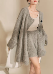 Bohemian Grey O-Neck Woolen Coats And Shorts Two Pieces Set Spring