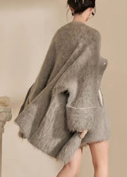 Bohemian Grey O-Neck Woolen Coats And Shorts Two Pieces Set Fall