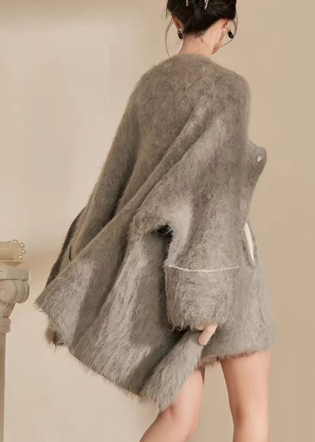 Bohemian Grey O-Neck Woolen Coats And Shorts Two Pieces Set Spring