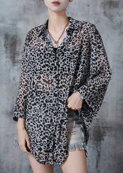 Bohemian Grey Oversized Leopard Print Chiffon Shirt Top Fall