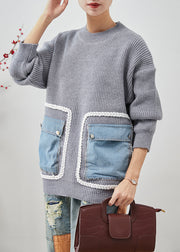 Bohemian Grey Oversized Patchwork Pockets Knit Sweater Tops Winter