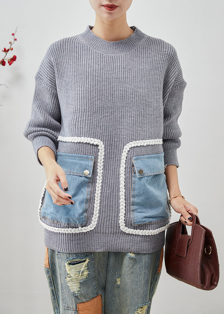 Bohemian Grey Oversized Patchwork Pockets Knit Sweater Tops Winter