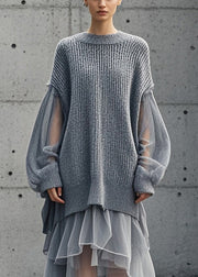 Bohemian Grey Oversized Patchwork Tulle Sweater Dress Fall