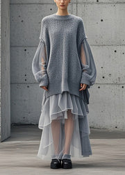 Bohemian Grey Oversized Patchwork Tulle Sweater Dress Fall