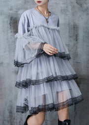 Bohemian Grey Oversized Patchwork Tulle Vacation Dress Summer