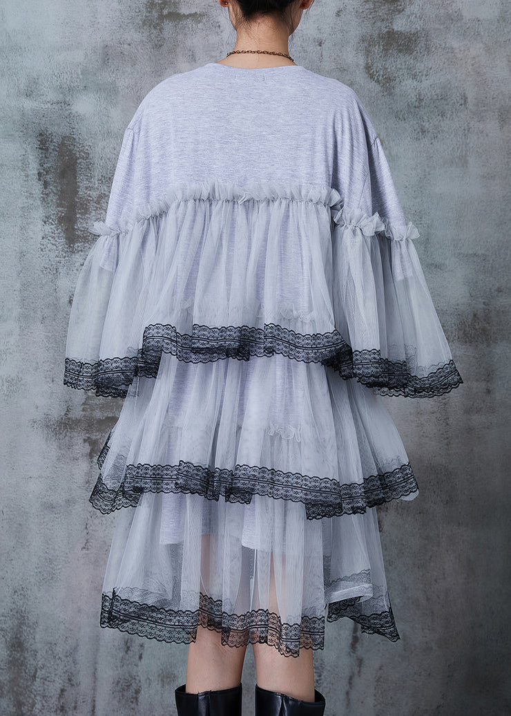 Bohemian Grey Oversized Patchwork Tulle Vacation Dress Summer