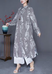 Bohemian Grey Oversized Print Side Open Chiffon Shirt Dress Summer