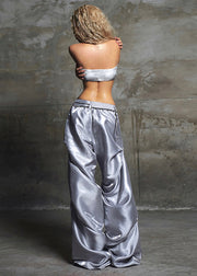 Bohemian Grey Print Wrinkled Draping Silk Pants Spring