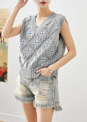 Bohemian Grey V Neck Embroideried Knit Vest Fall