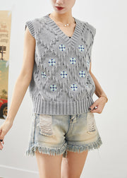 Bohemian Grey V Neck Embroidered Knit Vest Fall