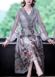 Bohemian Grey V Neck Patchwork Embroideried Tulle Cinched Dress Spring