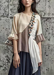 Bohemian Khaki Asymmetrical Patchwork Cotton Blouse Tops Summer