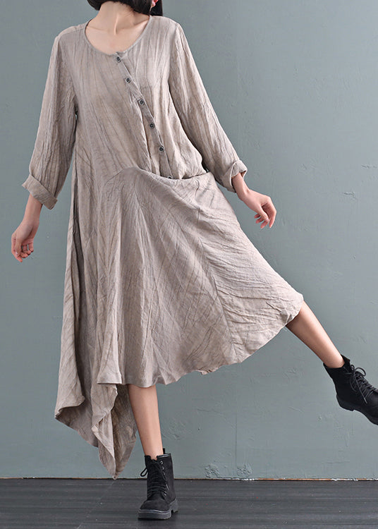 Bohemian Khaki Asymmetrical Tie Dye Linen Ankle Dress Fall