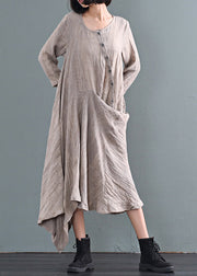 Bohemian Khaki Asymmetrical Tie Dye Linen Ankle Dress Fall