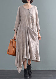 Bohemian Khaki Asymmetrical Tie Dye Linen Ankle Dress Fall