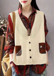 Bohemian Khaki Button Pockets Patchwork Cotton Knit Waistcoat Sleeveless