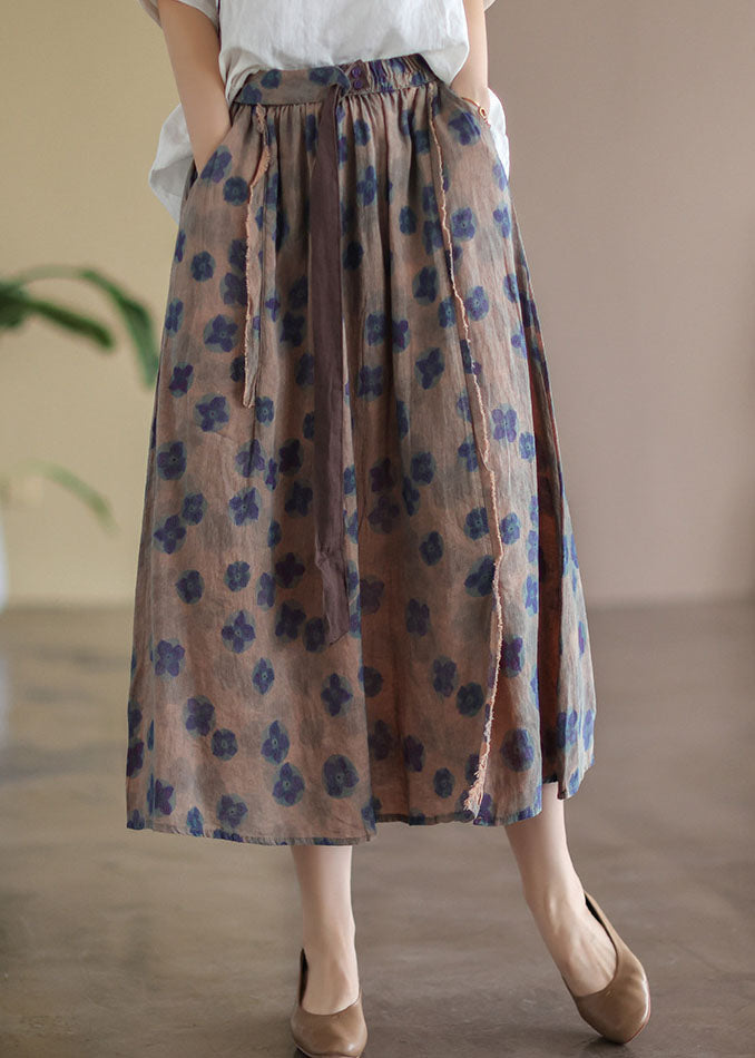 Bohemian Khaki Elastic Waist Print Linen Skirts Summer