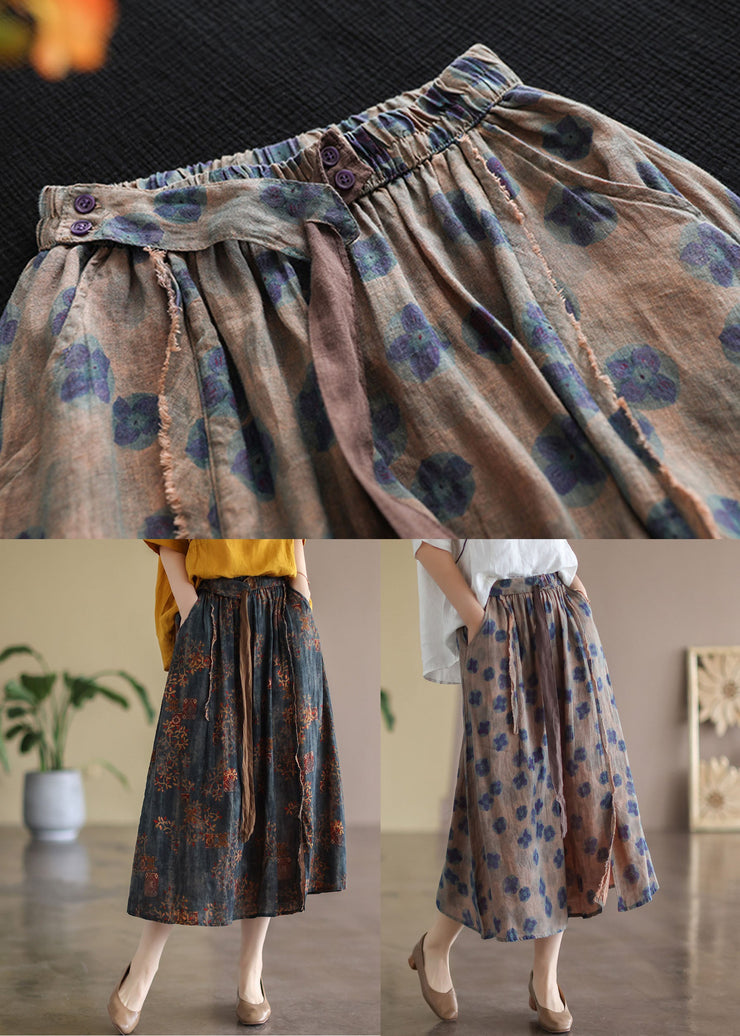 Bohemian Black flower Elastic Waist Print Linen Skirts Summer