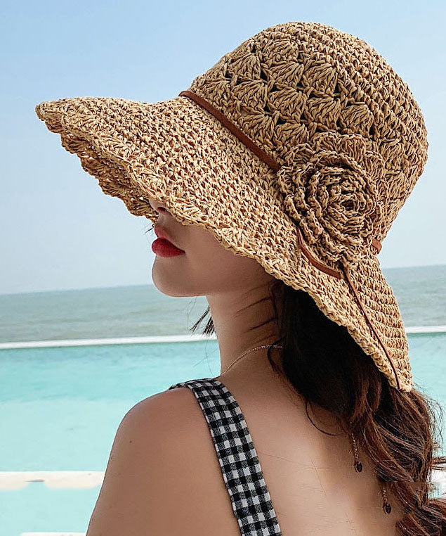 Bohemian Khaki Floral Straw Woven Beach Floppy Sun Hat