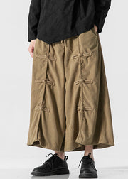 Bohemian Khaki Lace Up Elastic Waist Cotton Mens Wide Leg Pants Summer