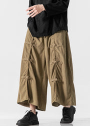 Bohemian Khaki Lace Up Elastic Waist Cotton Mens Wide Leg Pants Summer