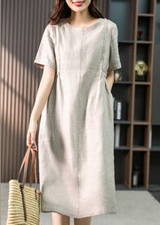 Bohemian Khaki O-Neck Patchwork Wrinkled Linen Long Dresses Summer