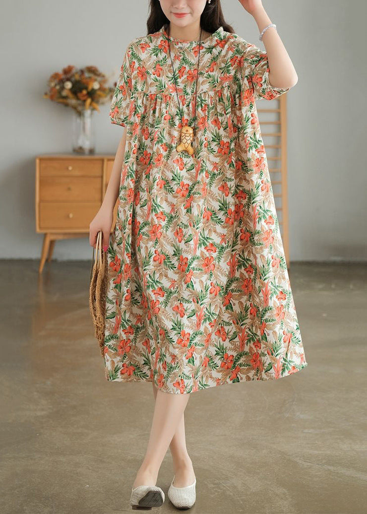 Bohemian Khaki Oversized Print Cotton A Line Dresses Short Sleeve