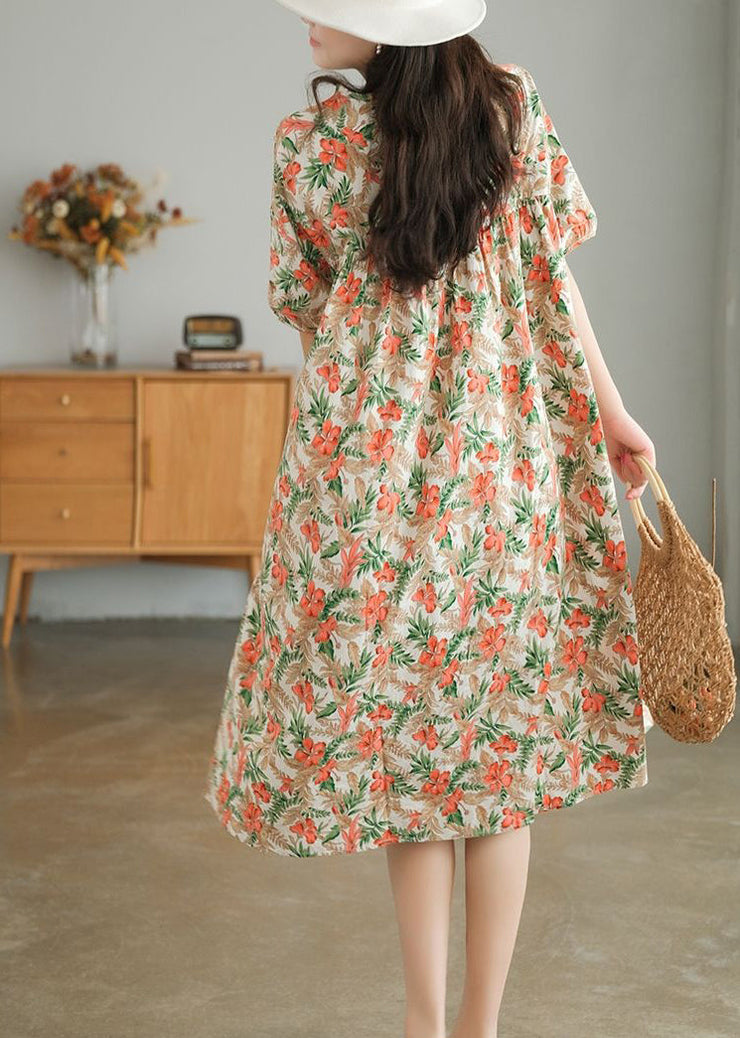 Bohemian Khaki Oversized Print Cotton A Line Dresses Short Sleeve