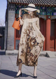 Bohemian Khaki Oversized Print Silk Holiday Dress Summer