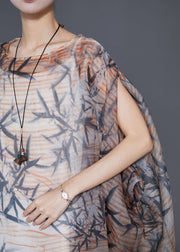 Bohemian Khaki Oversized Print Tulle Dress Cloak Sleeves