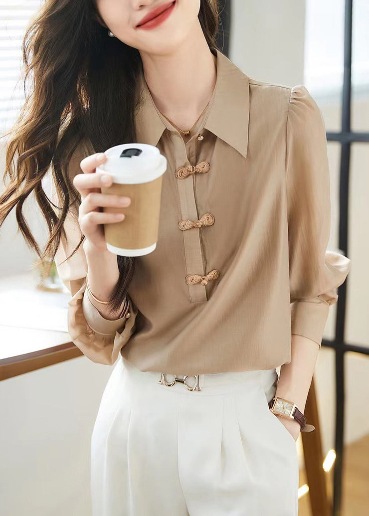 Bohemian Khaki Peter Pan Collar Chinese Button Cotton Tops Fall