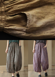 Bohemian Khaki Pockets Elastic Waist Linen Crop Pants Summer