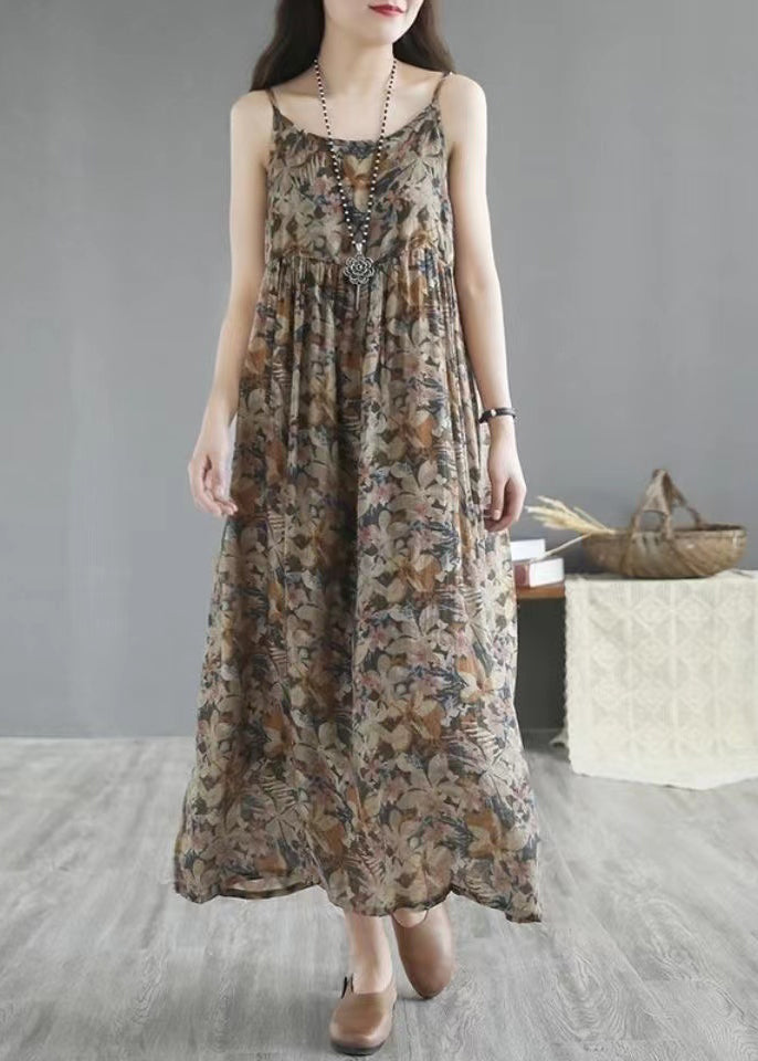 Bohemian Khaki Print Wrinkled Linen Spaghetti Strap Dress Sleeveless