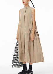 Bohemian Khaki Stand Collar Patchwork Maxi Shirt Dress Summer