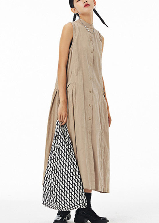 Bohemian Khaki Stand Collar Patchwork Maxi Shirt Dress Summer