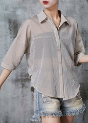 Bohemian Khaki Striped Wrinkled Cotton Shirt Tops Summer