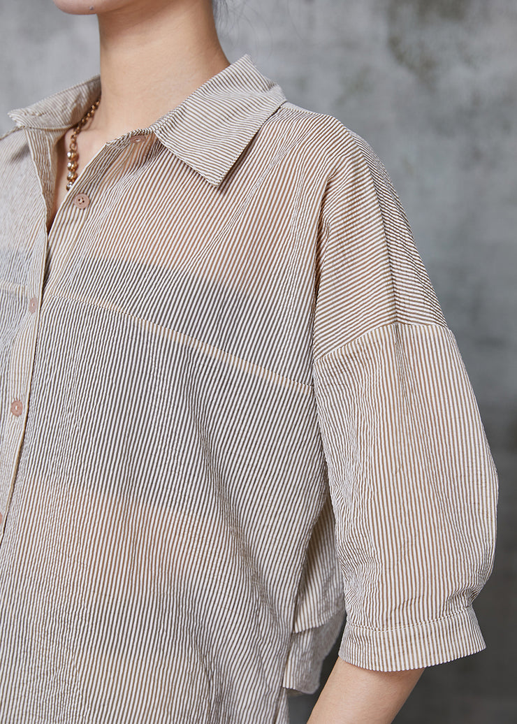 Bohemian Khaki Striped Wrinkled Cotton Shirt Tops Summer