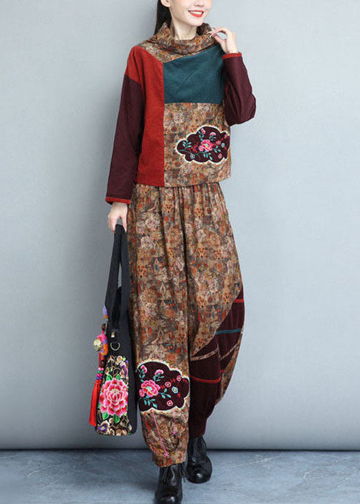 Bohemian Khaki Turtle Neck Embroideried Patchwork Corduroy Two Piece Set Outfits Winter