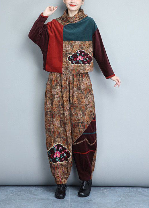 Bohemian Khaki Turtle Neck Embroideried Patchwork Corduroy Two Piece Set Outfits Winter