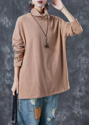 Bohemian Khaki Turtle Neck Letter Embroidered Velour Tops Fall