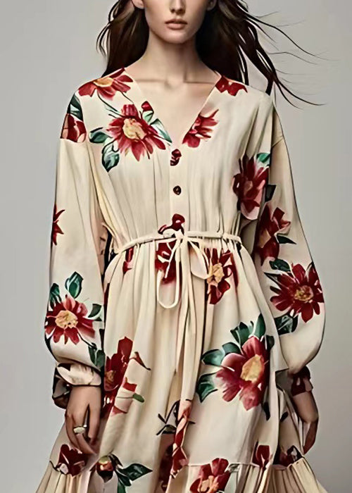 Bohemian Khaki V Neck Lace Up Print Cotton Maxi Dress Long Sleeve