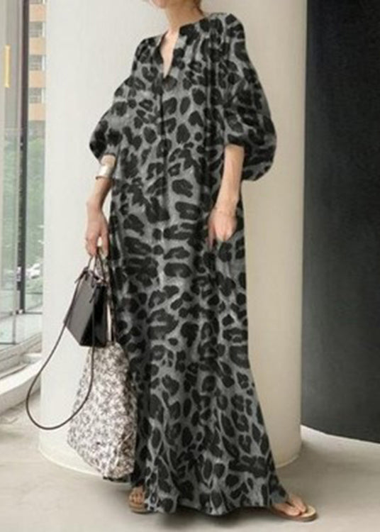 Bohemian Khaki V Neck Leopard Print Chiffon Maxi Dress Puff Sleeve