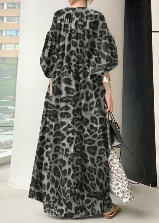 Bohemian Khaki V Neck Leopard Print Chiffon Maxi Dress Puff Sleeve