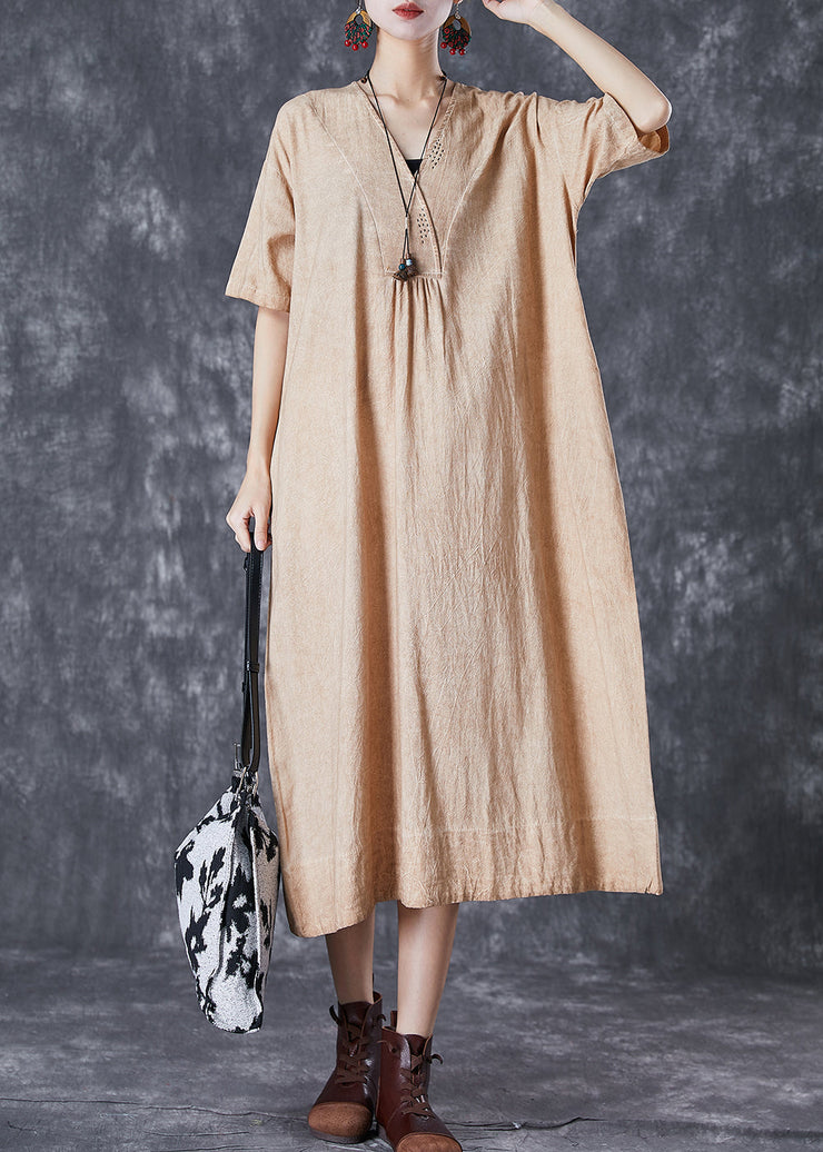 Bohemian Khaki V Neck Pockets Linen Long Dress Summer